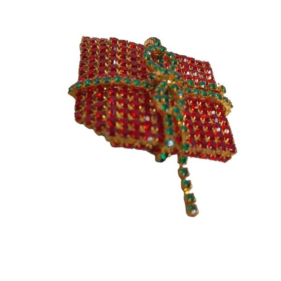 Vintage Christmas Present Gift Pin Brooch Red Rhinestones With Bow - Picture 4 of 6